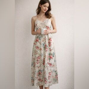 Natori Cream Slip Dress Nightgown with Pink & Green Floral Print Medium